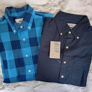 (Bundle) 2 Button Up Short Sleeve Shirts Cotton Linen Spandex Small